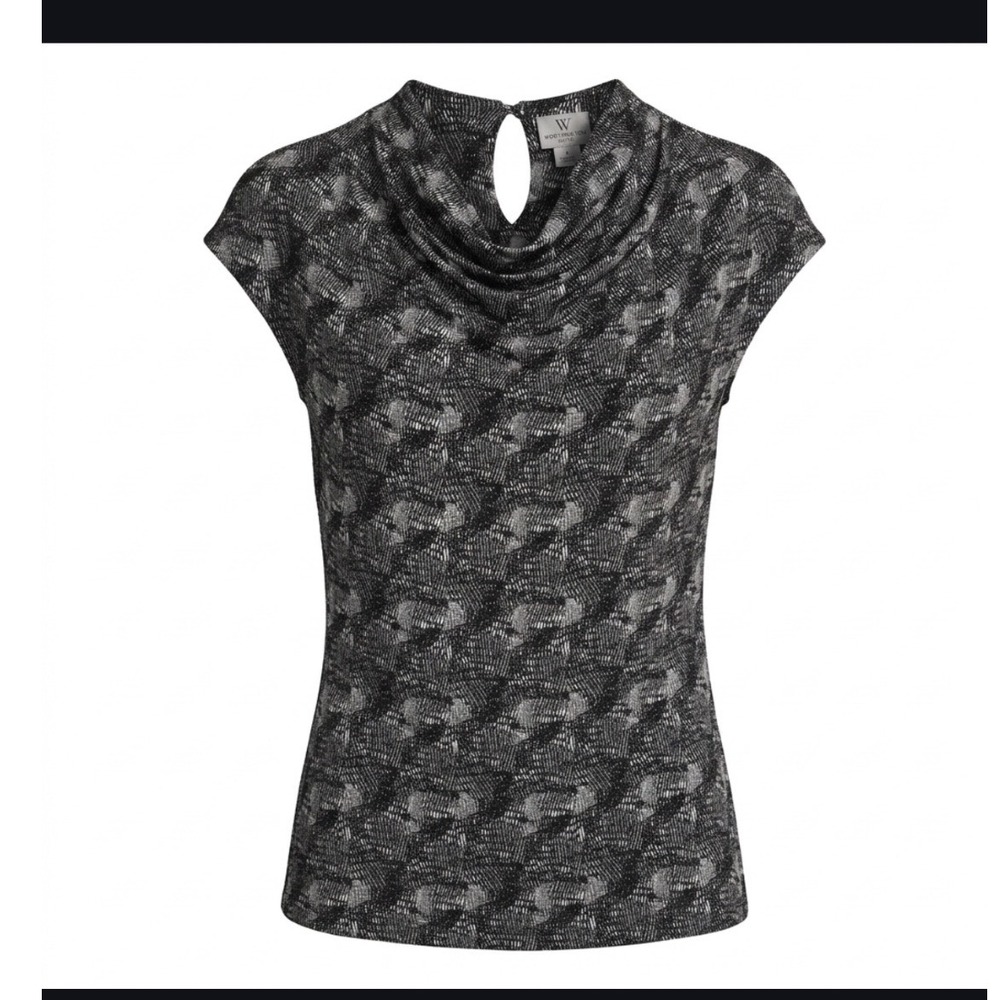 Worthington Stretch Cowl Neck Top Black White Abstract Print Cap Sleeve Small
